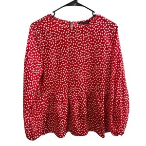 Red Floral Peplum Blouse Long Sleeve‎ Romantic Cottagecore Top